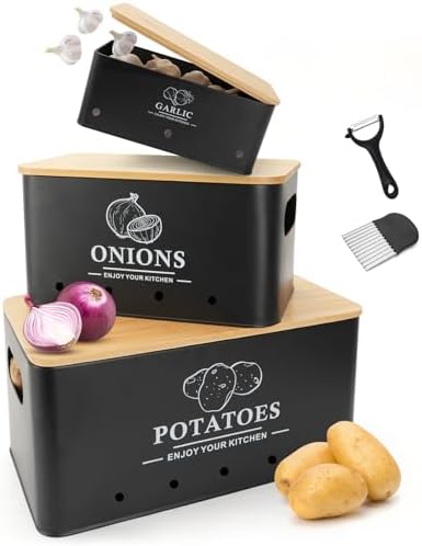 Kitchen Vegetable Storage Set of 3, Metal Onion Garlic Potato Storage Set, Kitchen Canisters Vegetable Keeper Containers with Aerating Holes and Bamboo Lid,Black by Dekosilave