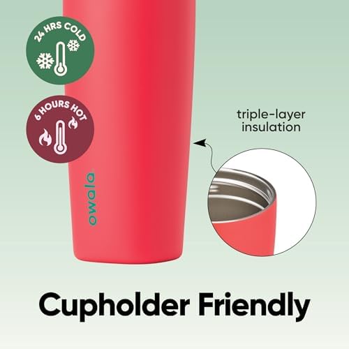 Owala SmoothSip Slider Insulated Stainless Steel Coffee Tumbler, Reusable Iced Coffee Cup, Hot Coffee Travel Mug, BPA Free 20 oz, Pink/Red (Strawberry Fields) - Image 4