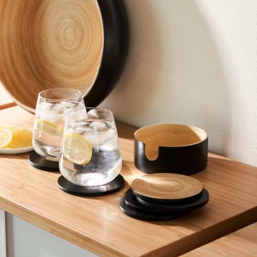 Bamboo Coasters - Spun Bamboo Wood Coaster Set with Holder for Coffee Table (Black) - Image 5