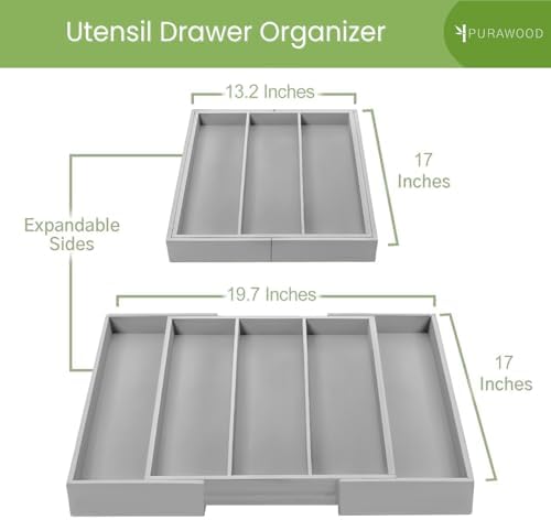 Purawood Kitchen Drawer Organizer - Expandable Utensil Drawer Organizer for Kitchen, Cutlery Tray & Silverware Organizer, 3-5 Slots - Bamboo Organizer for Utensils & Flatware (Grey) - Image 2
