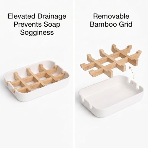 Bamboo Fiber Soap Holder and Soap Dish Combination, Removable Drainage Rack Bar Soap Tray for Bathroom Sink Deck, Bathtub, Shower & Kitchen (White, 1 Pack) - Image 5