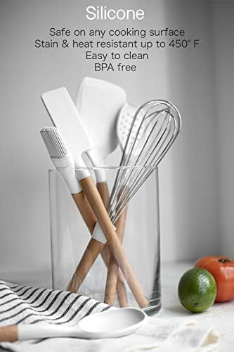 Country Kitchen Non Stick Silicone Utensil Set with Rounded Wood Handles for Cooking and Baking, 6 Piece Set, White - Image 3