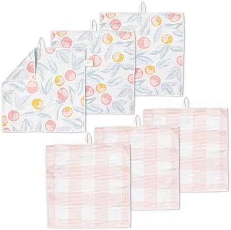 ELYN Microfiber Kitchen Dish Cloth Set, Quick-Dry & Absorbent Waffle Weave Cleaning Towels, Set of 6 Wash Cloths, Paper Towels & Sponge Alternative (Oranges & Gingham) by ELYN