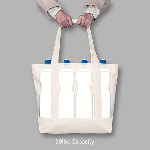 TOPDesign 3-Pack Canvas Tote Bags with an External Pocket, Reusable Grocery Shopping Bags, Top Zipper Closure, Daily Essentials (Natural) - Image 6