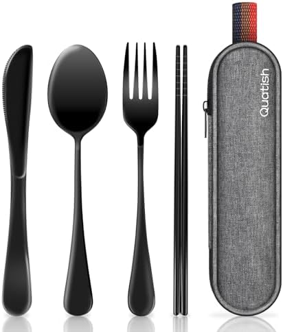 Travel Utensils with Case, Quatish Portable Silverware Set for Work, Stainless Steel Reusable Travel Cutlery Set, Fork and Spoon Set for Camping, Picnic, Gadgets, Lunch Box for Men, Black by Quatish