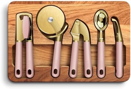 COOK WITH COLOR 6-Piece Kitchen Tool Set with Acacia Wood Cutting Board, Can Opener, Pizza Cutter, Garlic Press, Scoop & Peeler, Pink by CookwithColor