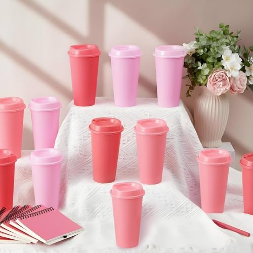 FillTouch 12 Pcs 16 oz Reusable Coffee Cups with Lids, Pink Gradient - Image 4