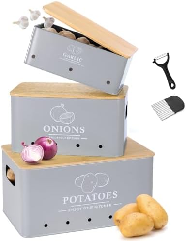 Kitchen Vegetable Storage Set of 3, Metal Onion Garlic Potato Storage Set, Kitchen Canisters Vegetable Keeper Containers with Aerating Holes and Bamboo Lid,Grey by Dekosilave