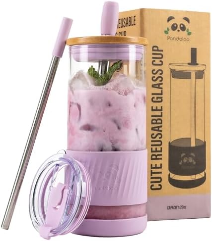 Pandaloo® Glass Cups With Lids and Straws -20 Fl Oz- Perfect Size Iced Coffee Cup - Smoothie Cup With Bamboo Lid and On the go Lid - Glass Tumbler With Straw (1 Count (Pack of 1), Lilac Rhapsody) by Pandaloo