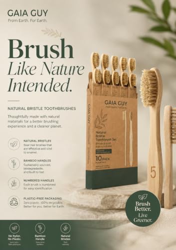 Gaia Guy Boar Bristle Bamboo Toothbrushes – 10 Pack Natural Bristle Toothbrush Set, Plastic-Free & Nylon-Free, Numbered Bamboo Handles, Medium Boar Hair Bristles for Adults & Families - Image 5
