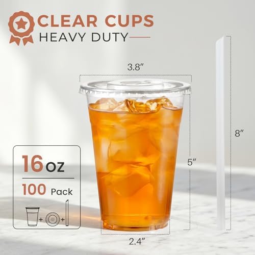 VITEVER [100 Sets - 16oz] Clear Plastic Cups with Lids and Straws, Disposable Iced Coffee Cups for Smoothie, Milkshake, Cold Drinks - BPA free - Image 2