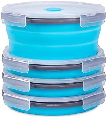 Collapsible Food Storage Containers with Airtight Lid & Vent, 40.5 oz, Kitchen Stacking Silicone Collapsible Meal Container Set for Leftover, Microwave Freezer Dishwasher Safe, Blue Round, Set of 4 by Annaklin