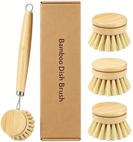 Bamboo Dish Brush with 3 Replacement Heads, Plastic-Free Kitchen Scrub Brush with Long Handle, Natural Sisal Bristle Bamboo Brush for Pans, Dishes, Pot,Veggie and Fruit by TRASUN