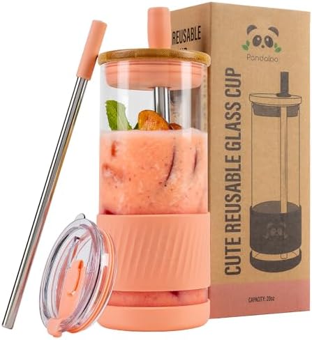 Pandaloo® Glass Cups With Lids and Straws -20 Fl Oz- Perfect Size Iced Coffee Cup - Smoothie Cup With Bamboo Lid and On the go Lid (Peach Fuzz, 1 Count (Pack of 1) by Pandaloo