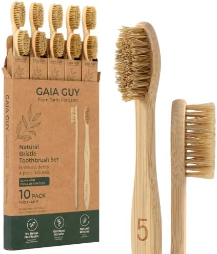 Gaia Guy Boar Bristle Bamboo Toothbrushes – 10 Pack Natural Bristle Toothbrush Set, Plastic-Free & Nylon-Free, Numbered Bamboo Handles, Medium Boar Hair Bristles for Adults & Families by GaiaGuy