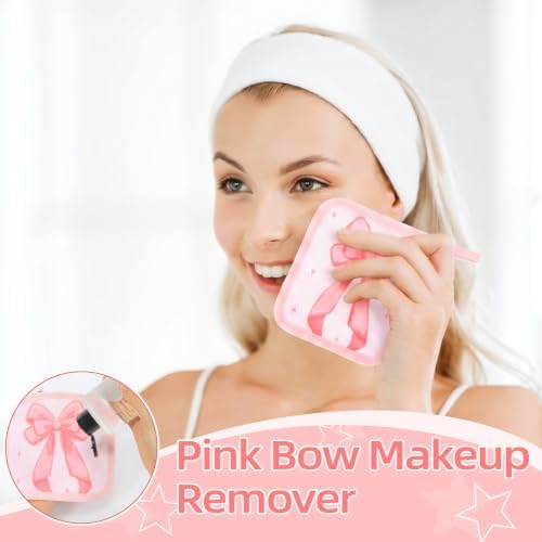 24 Pcs Pink Bow Party Favor Makeup Remover Cloth 6" x 6" Towels Reusable Coquette Pink Bow Remover Face Pads Soft Microfiber Washcloths Facial Cloths Makeup Towel Gift for Women - Image 4