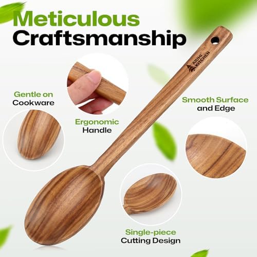 AIUHI 7 pcs Wooden Kitchen Utensil Set, Wooden Cooking Utensils Including Wood Spoon & Spatula, Non-stick Safe Wood Spoon for Cooking - Image 4