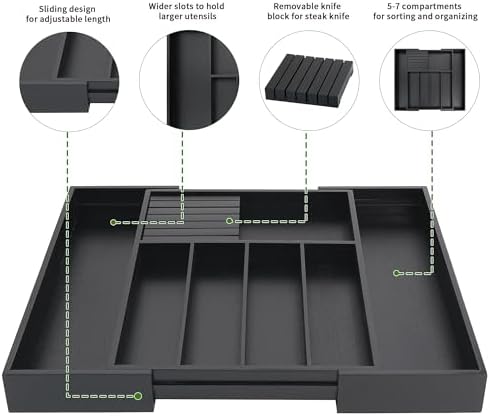 VaeFae Bamboo Silverware Drawer Organizer, 7 Slots, Black - Image 4