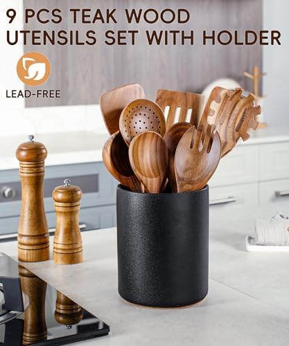 Wooden Cooking Utensils Set with Ceramic Holder,Teak Wood 10pcs Utensils - Image 2