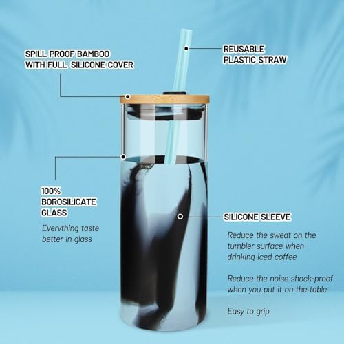 Tronco 20 oz Glass Tumbler with Lids and Straws, Reusable Iced Coffee Cups - Image 4
