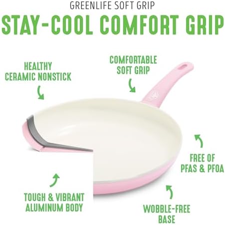 GreenLife Soft Grip Healthy Ceramic Nonstick 18 Piece Kitchen Cookware Pots and Frying Sauce Saute Pans Set, PFAS-Free with Kitchen Utensils and Lid, Dishwasher Safe, Soft Pink - Image 4