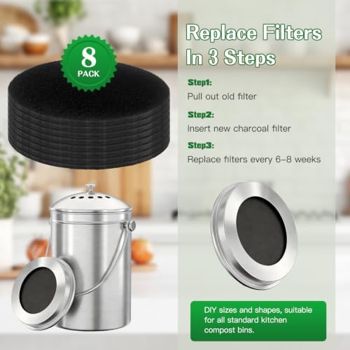 Compost Bin Charcoal Filters 10 Pack, 7.25 Inch Round, Extra Thick 0.3 Inch for Longer Lasting Odor Absorption, Countertop Pail Refills - Image 4