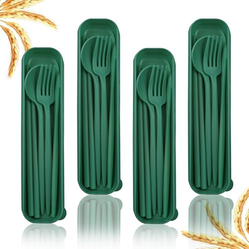 4 Sets Reusable Utensils Set with Case,Camping Cutlery Set Travel Silverware Set with Case Lunch Utensils Set for Work,Utensil Sets for Lunch Picnic Daily Use Outdoor (Darkgreen) by ZGQHZR