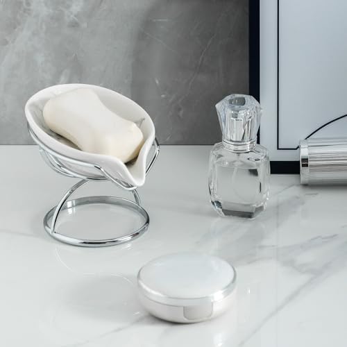 Dobbyby Leaf-Shaped Soap Dish – Ceramic Soap Bar Holder with Self-Drainage System – Bar Soap Holder for Shower, Bathroom Sink, Kitchen – Soap Dish with Stainless Steel Stand (White-Sliver-2 Pack) - Image 5