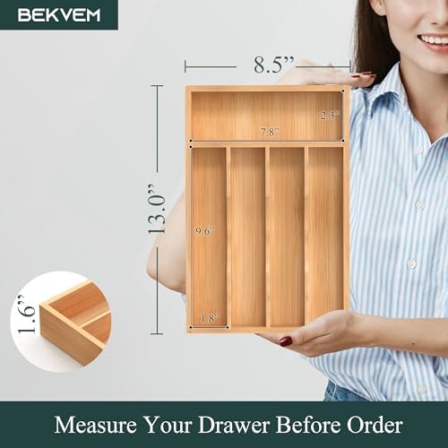 Silverware Organizer, Bamboo Kitchen Drawer Organizer, Utensil Holder, Cutlery Tray & Spoon Flatware Storage with Grooved Drawer Dividers (8.5''W x 13''D) - Image 2