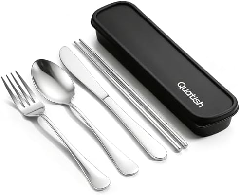 Quatish 5 Piece Travel Utensils with Case, Portable Cutlery Set, Silver by Quatish