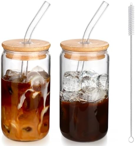 DWTS DANWEITESI Iced Coffee Cups with Lids 2 pcs,16 oz Glass Cups with Lids and Straws as Coffee Bar Accessories,Beer Drinking Glasses,Reusable Glass Tumbler,Cute Coffee Cups for Coffee, Juice, Gifts by DWTSDANWEITESI