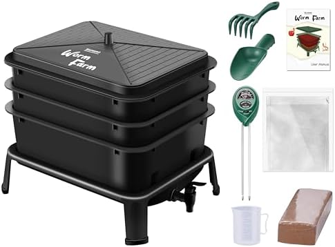 Blütezeit 3-Tray Worm Composter, 32QT Worm Farm with Compost Worms Starter Kit for Indoor & Outdoor Vermicomposting, Worm Bin for Recycling Food Waste (Black) by Bl%C3%BCtezeitGateSystems