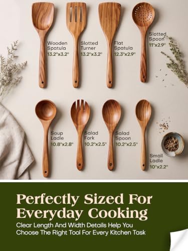 AIUHI Teak Wood 8-Piece Wooden Kitchen Utensils Set, Wooden Spoons for Cooking, Smooth Wood Spatula Set for Nonstick Cookware, Daily Cooking, Housewarming Gift - Image 6