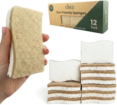 12 Pack Non-Scratch & Odor-Free Eco Sponges – Natural Biodegradable Cellulose & Coconut Fiber Kitchen Scrubbers – Compostable, Zero Waste Sponges for Dishwashing & Cleaning by VIREO