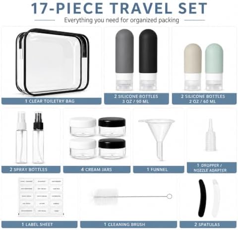 17-Piece Leak Proof Refillable Travel Bottles for Toiletries with Pouch - Image 2