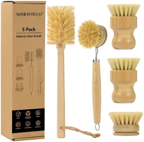SAMEBUTECO 5-Piece Bamboo Dish Brush Set with Sisal Bristles by HOME