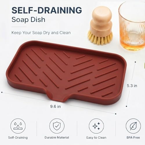 MicoYang Silicone Soap Dish with Drain Spout — Self-Draining Sink Organizer Tray for Bathroom & Kitchen, Sponges, Dispensers & Soap Holder, Non-Slip & Dishwasher Safe, Red (Medium, 9.6"×5.3") - Image 2