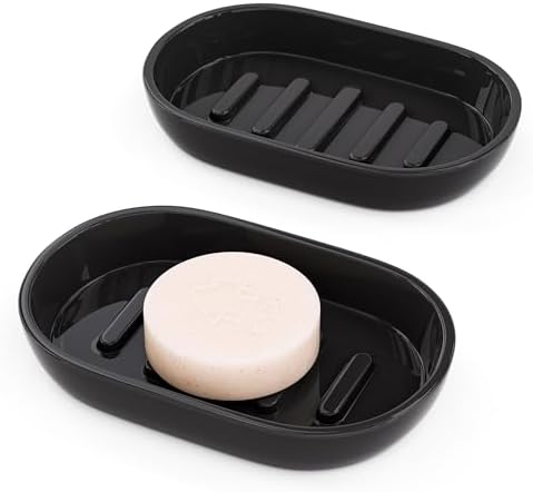 2Pcs/Set Bathroom Soap Dishes, Not Plastic！White Soap Dishes for Bar Soap, Bamboo Soap Dishes Holder for Bathroom Shower, Bathroom Sink Soap Dish (Black) by Leadiy