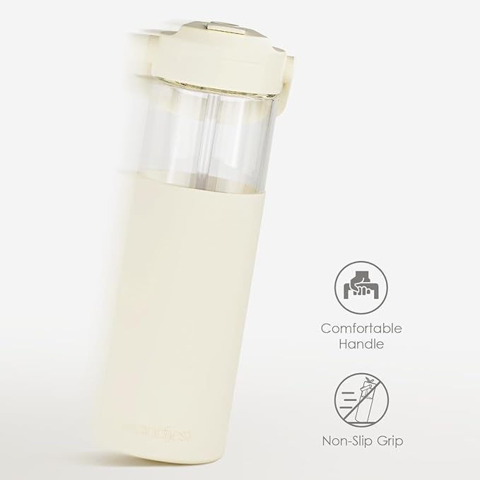 Glass Water Bottle with Silicone Sleeve and Straw Lid 20oz for Girls Women, Glass Drinking Bottles for Travel Home Gym Sports (Ivory Cream)
