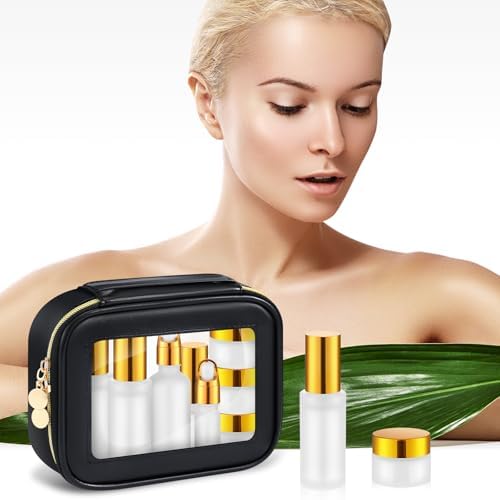 Jingmore 13 Pcs Glass Skincare Travel Containers Mini Makeup Containers Travel Size Toiletries Bottles with Pump Spray and PU Leather Toiletry Bag for Liquid Serum Cream Moisturizers Oils(Gold) - Image 6