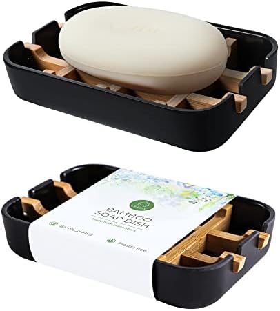 Bamboo Soap Dishes, 2-Pack Black Holder for Bathroom & Shower by Leadiy