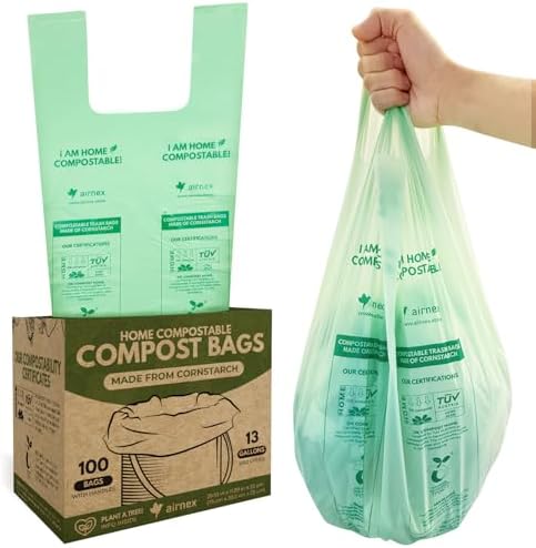 AIRNEX Compostable Kitchen Trash Bags 13 Gal - Cornstrarch Leakproof & Tear Resistant 100 Compost Bags - OK Compost Home & Seedling Certified 0.25 mm Kitchen Garbage Bags by Airnex
