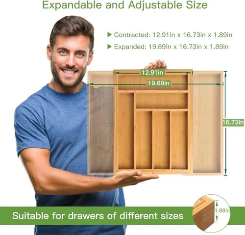 Pipishell Bamboo Expandable Silverware Drawer Organizer, Adjustable Kitchen Utensil Tray for Forks, Spoons and Knives, Wood Storage Cutlery Holder for Bedroom and Living Room - Image 3