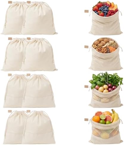 Set of 8 Ambrosia Cotton Produce Bags Drawstring 2 Styles by FMLIUY