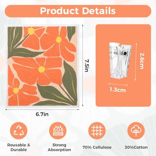 6 Pack Swedish Dishcloths for Kitchen,Abstract Floral Dish Towel with Clip - Image 2