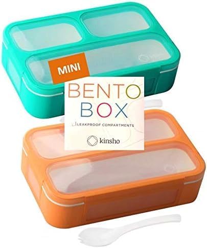 kinsho MINI Lunch-Box Snack Containers for Kids | SMALL Bento-Box Portion Container | Leak-proof Boxes for School Work Travel | Best for Adults Boys or Girls | Blue + Orange Set of 2