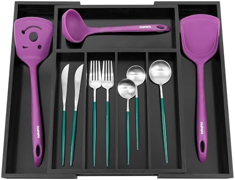 Utoplike Bamboo Silverware Drawer Organizer, Black Kitchen Utensils Tray - Image 7