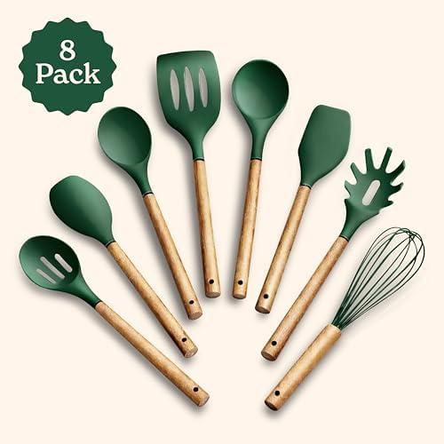 Country Kitchen Non Stick Silicone Utensil Set with Rounded Wood Handles for Cooking and Baking, 8 Piece Set, Green - Image 2