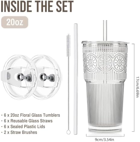 SoulTimes 20oz Ribbed & Floral Glass Tumbler with Lid and Straw – Iced Coffee Glasses Cups for Smoothie, Matcha, Juice, Water etc. Leakproof and Reusable Glassware Drinking for Travel To Go [6Pcs] - Image 3