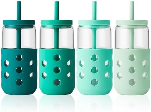 Mrsdry 16 oz Glass Cups with Lids and Straws for Gift, 4-Pack, Green by Mrsdry